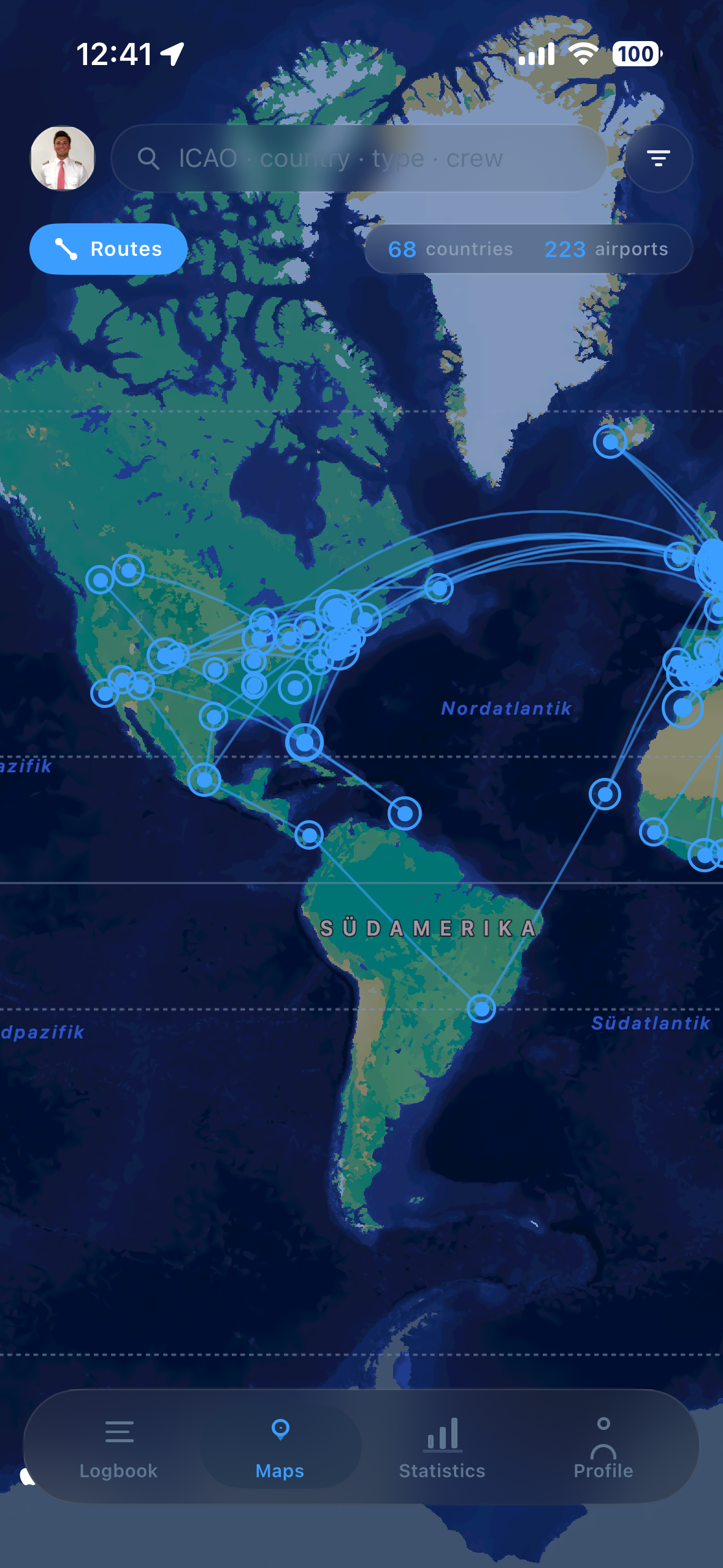 Aeroboard Log — Maps view with route overlay