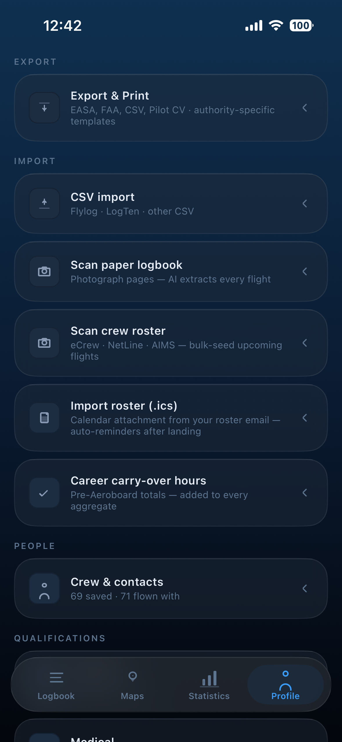 Aeroboard Log — Import, export, and crew settings